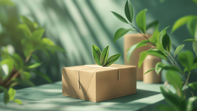 sustainable paper packaging surrounded by green leaves