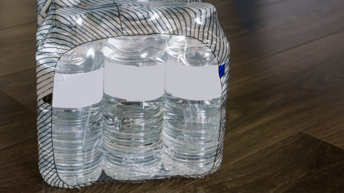 a package with water bottles wrapped in plastic